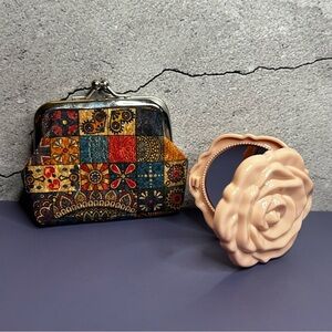 Vintage Inspired Coin Purse and Rose Design Compact Mirror